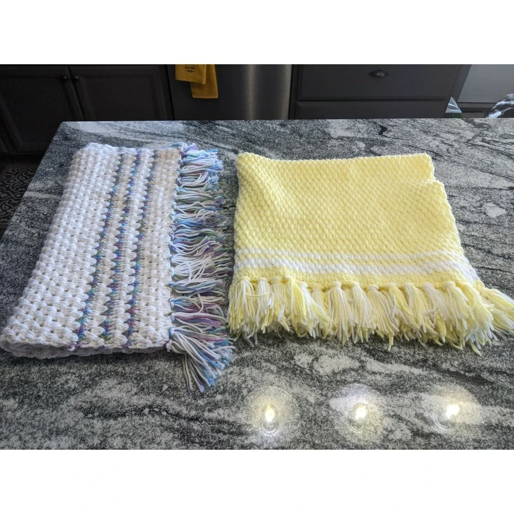 Two Vintage Handmade Crocheted Lap Blankets With Fringe